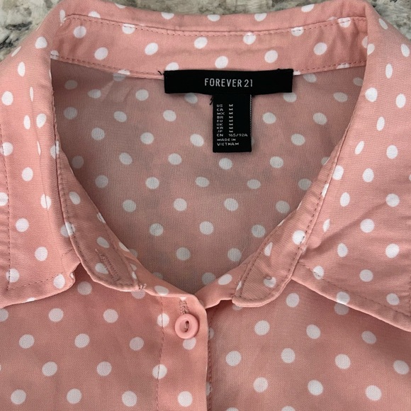 Forever 21 Polka Dot Tie Front Cropped Blouse Long Sleeves Blush Pink Size M - Picture 6 of 10